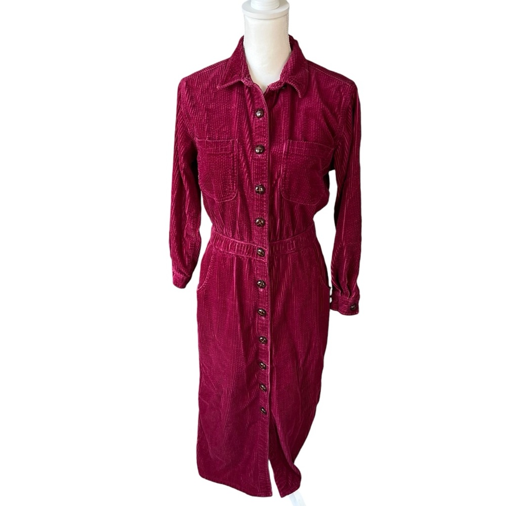 VTG 90s JG Hook maroon corduroy dress long sleeve women 6 leather button front